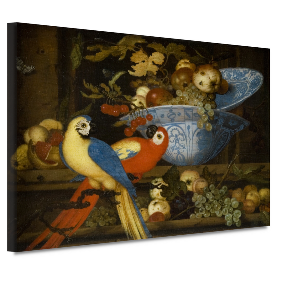 Stilleven met fruit en twee papegaaien - Balthasar van der Ast canvas