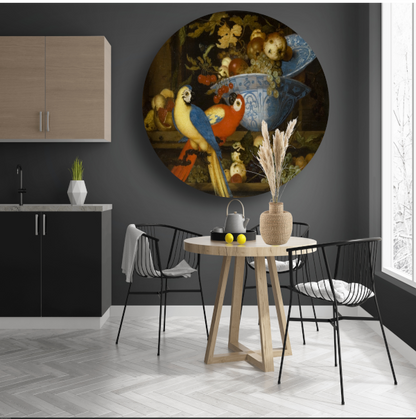 Stilleven met fruit en twee papegaaien - Balthasar van der Ast aluminium muurcirkel