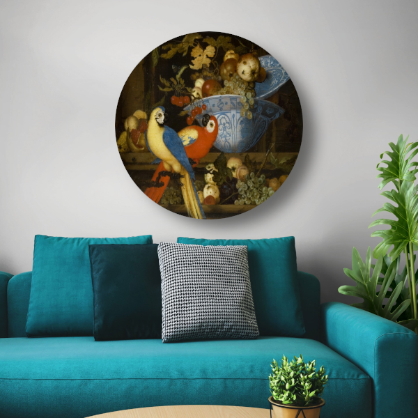 Stilleven met fruit en twee papegaaien - Balthasar van der Ast aluminium muurcirkel