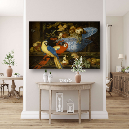 Stilleven met fruit en twee papegaaien - Balthasar van der Ast poster