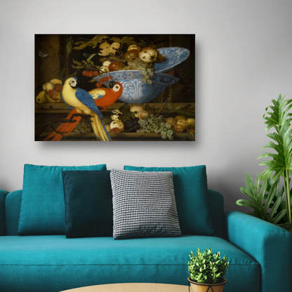 Stilleven met fruit en twee papegaaien - Balthasar van der Ast poster