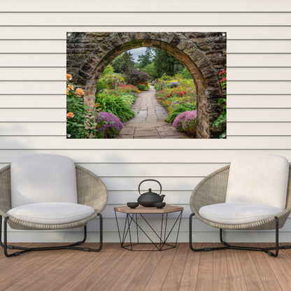 Serene Tuinpoort naar Weelderige Oase tuinposter