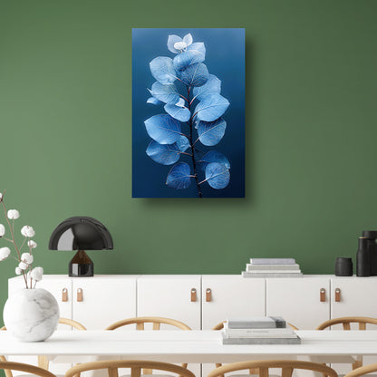 Blauwe eucalyptusbladeren tegen een zwarte achtergrond canvas