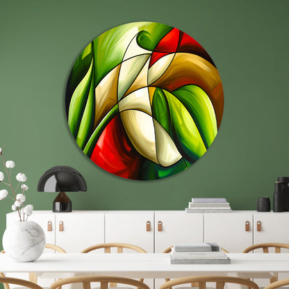 Abstracte kleurrijke roos en bladeren schilderij aluminium muurcirkel