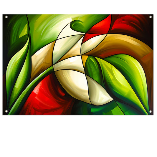 Abstracte kleurrijke roos en bladeren schilderij tuinposter