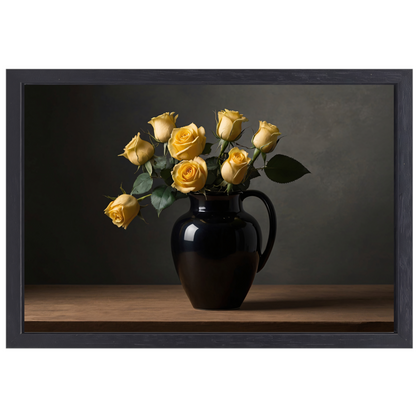 Zwart vaas met gele rozen stilleven canvas met baklijst