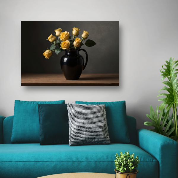 Zwart vaas met gele rozen stilleven canvas