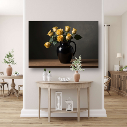 Zwart vaas met gele rozen stilleven poster