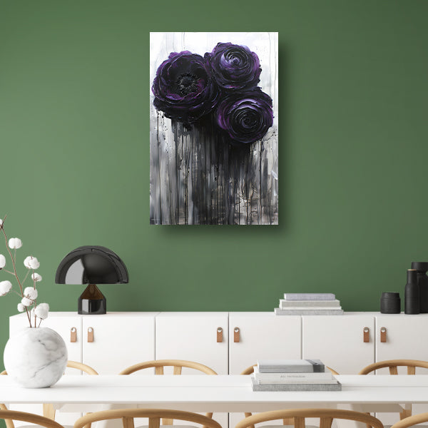 Grote Abstracte Bloemen in Zwart en Paars canvas