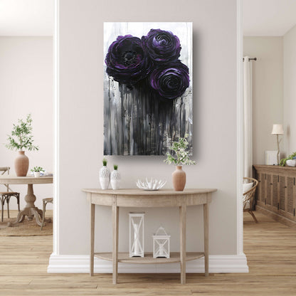 Grote Abstracte Bloemen in Zwart en Paars canvas