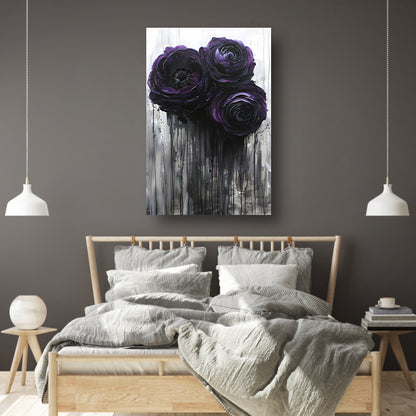 Grote Abstracte Bloemen in Zwart en Paars canvas