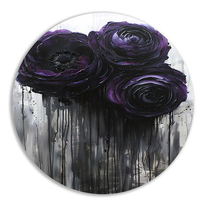 Grote Abstracte Bloemen in Zwart en Paars forex muurcirkel
