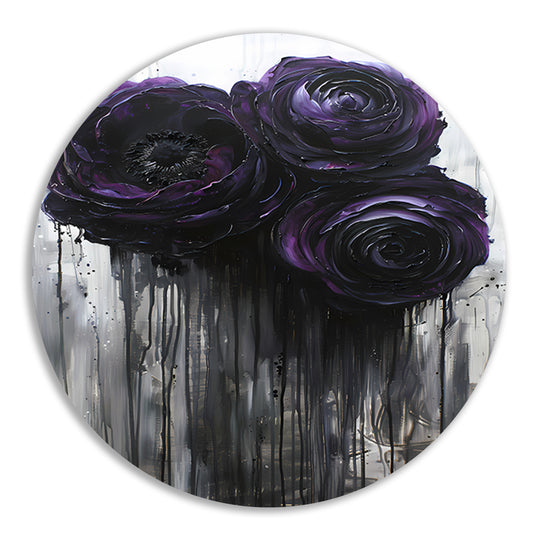 Grote Abstracte Bloemen in Zwart en Paars forex muurcirkel