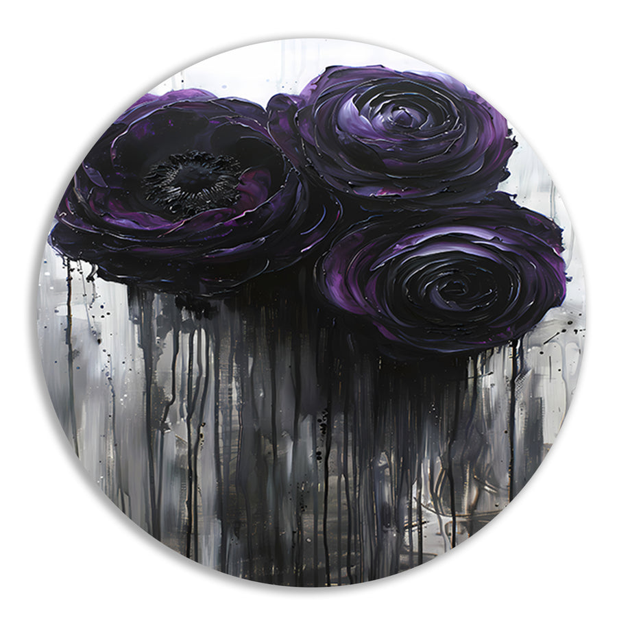 Grote Abstracte Bloemen in Zwart en Paars aluminium muurcirkel