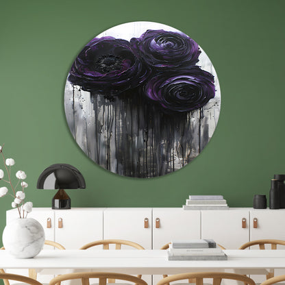 Grote Abstracte Bloemen in Zwart en Paars forex muurcirkel