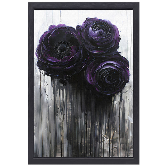 Grote Abstracte Bloemen in Zwart en Paars canvas met baklijst
