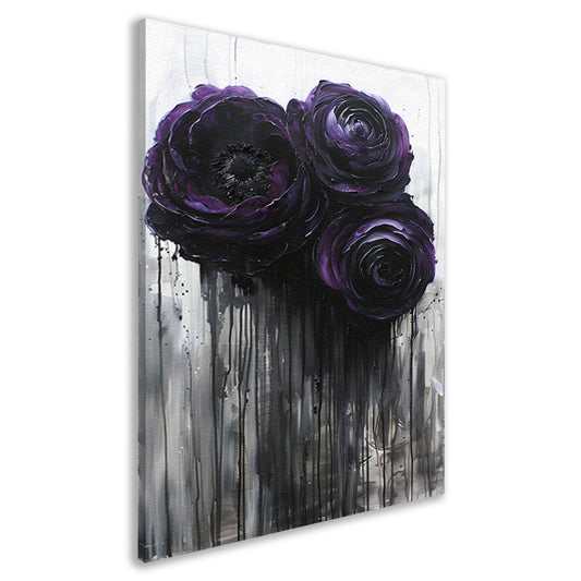 Grote Abstracte Bloemen in Zwart en Paars canvas