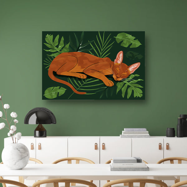 Slapende kat tussen tropische bladeren schilderij poster