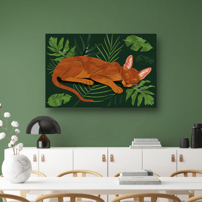 Slapende kat tussen tropische bladeren schilderij poster