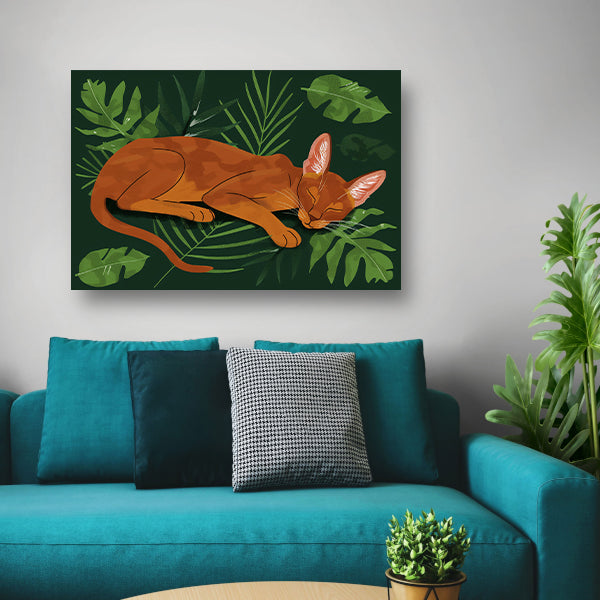 Slapende kat tussen tropische bladeren schilderij poster