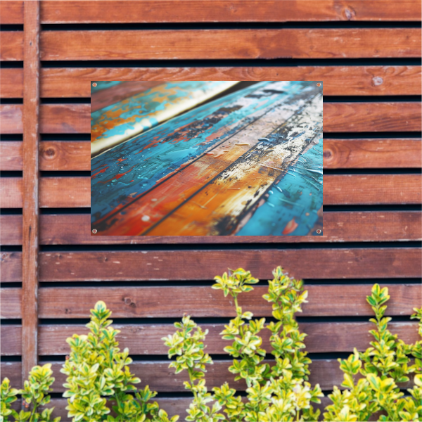Abstracte surfplank met waterdruppels tuinposter
