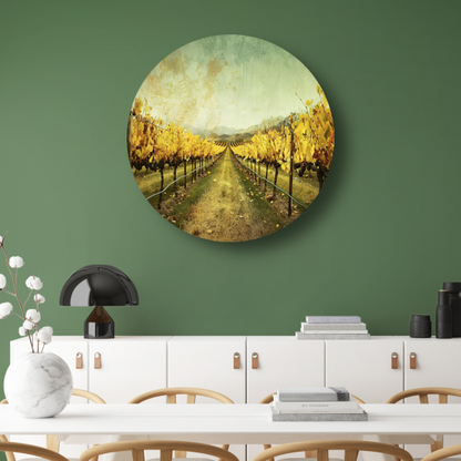 Sepia herfstwijngaard met heuvels op de achtergrond aluminium muurcirkel