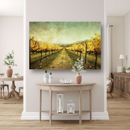 Sepia herfstwijngaard met heuvels op de achtergrond canvas met baklijst