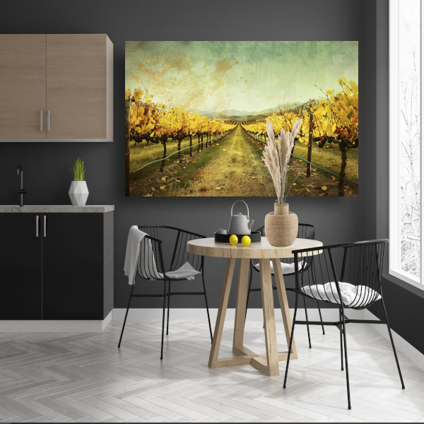 Sepia herfstwijngaard met heuvels op de achtergrond canvas met baklijst