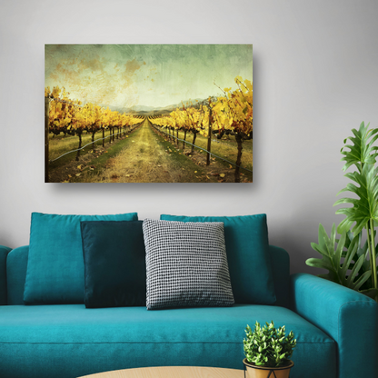 Sepia herfstwijngaard met heuvels op de achtergrond canvas met baklijst