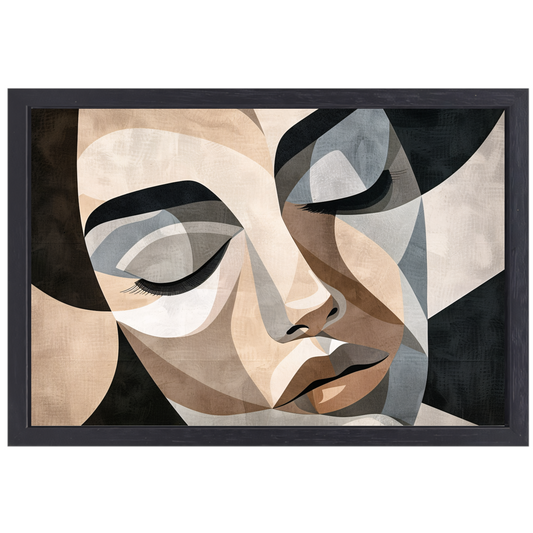 Geometrisch Abstract Gezicht in Sepia canvas met baklijst