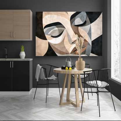 Geometrisch Abstract Gezicht in Sepia canvas met baklijst