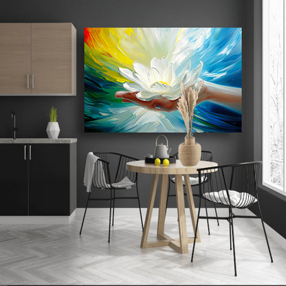 Abstracte kleurrijke bloem in een hand poster