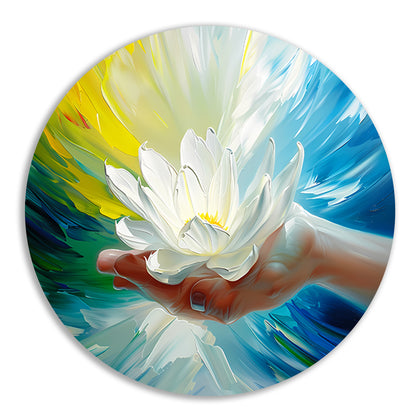 Abstracte kleurrijke bloem in een hand aluminium muurcirkel