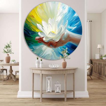 Abstracte kleurrijke bloem in een hand aluminium muurcirkel
