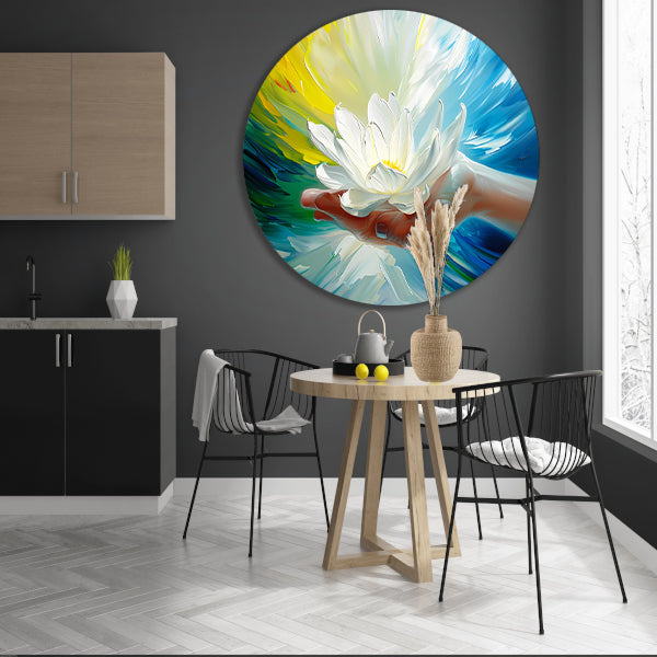 Abstracte kleurrijke bloem in een hand aluminium muurcirkel