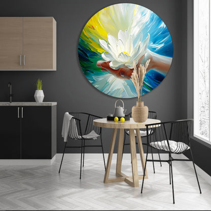 Abstracte kleurrijke bloem in een hand aluminium muurcirkel