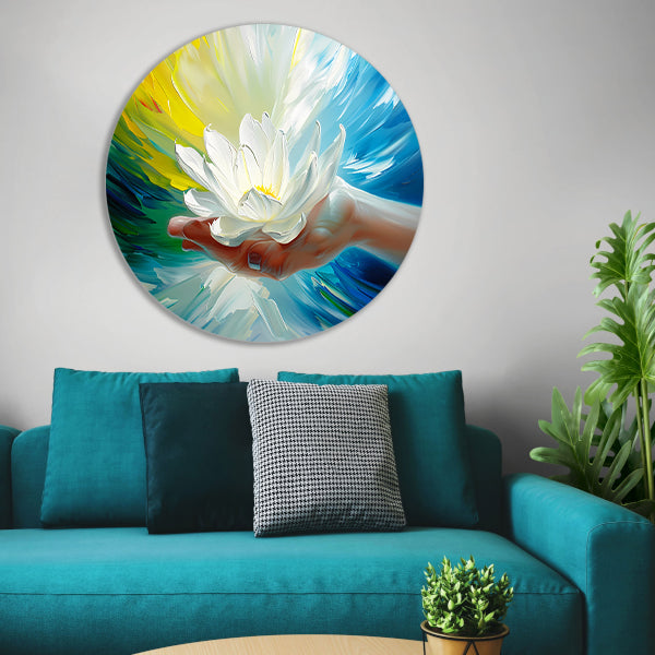Abstracte kleurrijke bloem in een hand aluminium muurcirkel