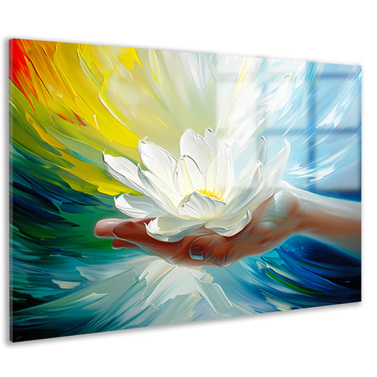 Abstracte kleurrijke bloem in een hand acrylglas