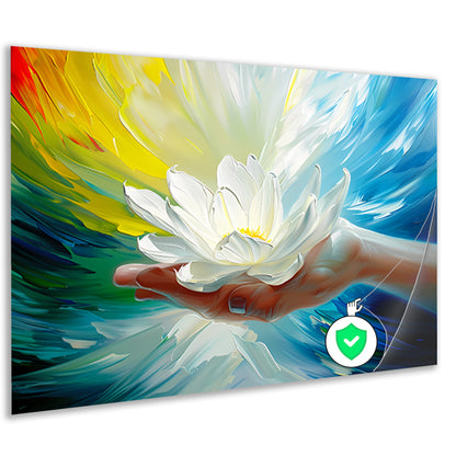 Abstracte kleurrijke bloem in een hand poster