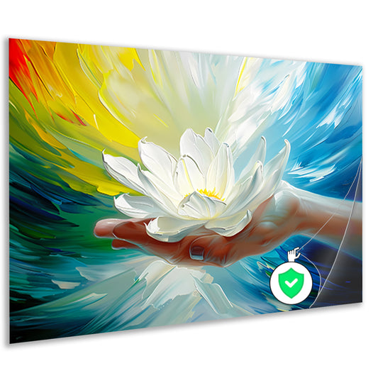 Abstracte kleurrijke bloem in een hand poster