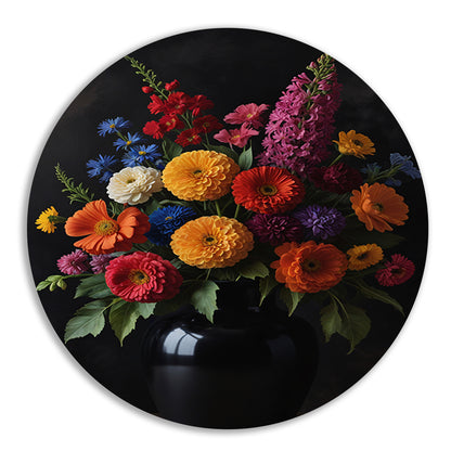 Een symfonie van bloemen in donkere elegantie aluminium muurcirkel