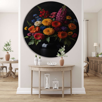 Een symfonie van bloemen in donkere elegantie aluminium muurcirkel