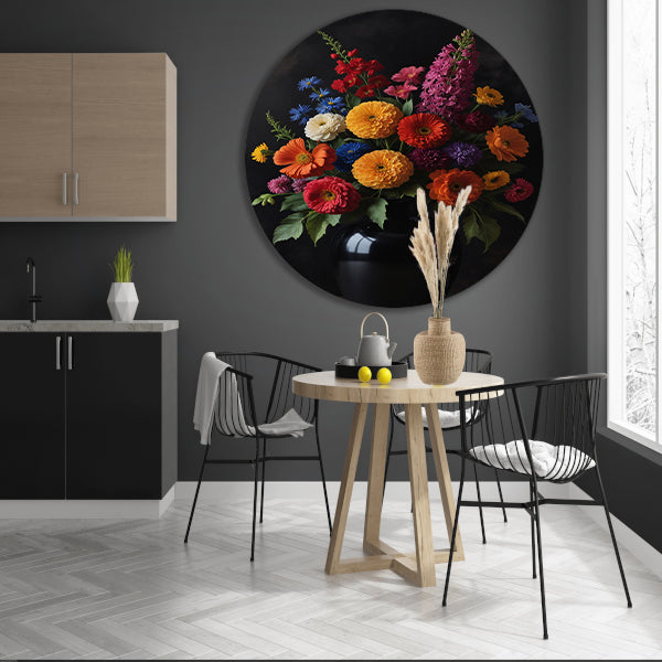 Een symfonie van bloemen in donkere elegantie aluminium muurcirkel