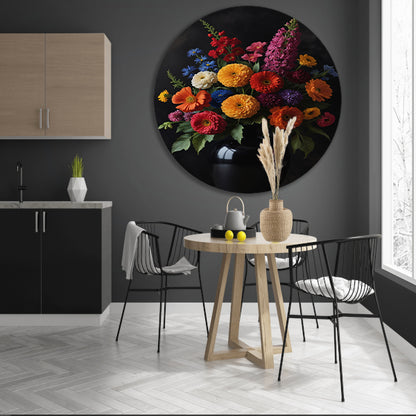 Een symfonie van bloemen in donkere elegantie aluminium muurcirkel