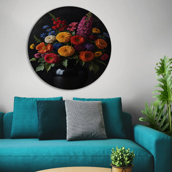 Een symfonie van bloemen in donkere elegantie aluminium muurcirkel