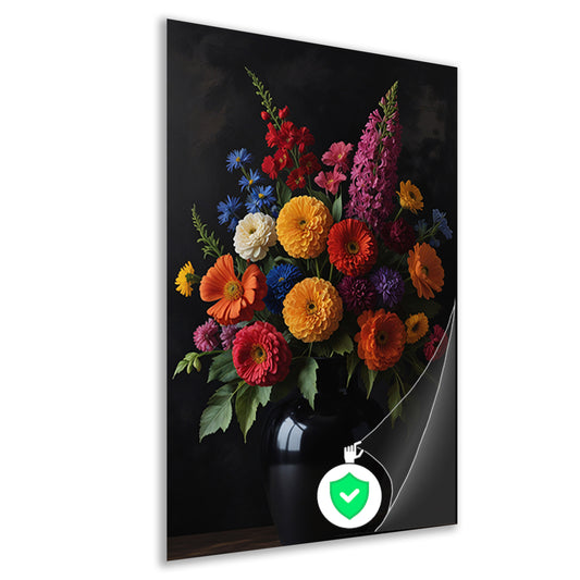 Een symfonie van bloemen in donkere elegantie poster