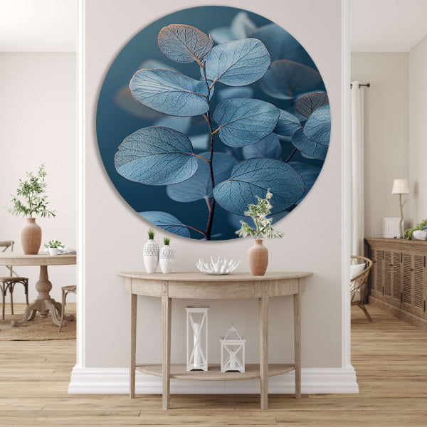 Blauwe eucalyptusbladeren in minimalistisch realisme forex muurcirkel
