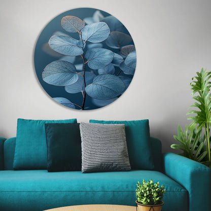 Blauwe eucalyptusbladeren in minimalistisch realisme forex muurcirkel