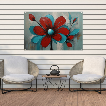 Impressie van een Rode Bloem met Turquoise Bladeren tuinposter