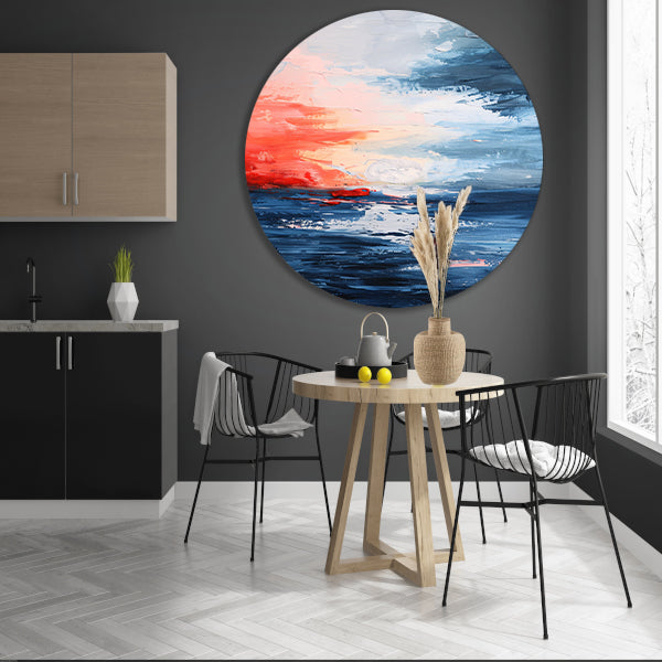 Abstracte zonsondergang boven kalme zee aluminium muurcirkel